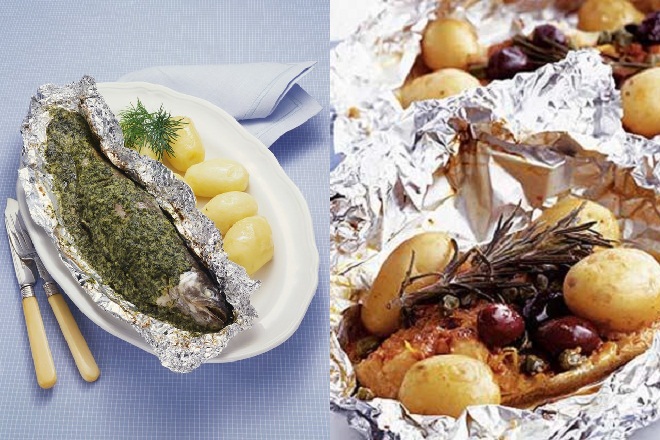 cách làm cá hấp giấy bạc ngải cứu khoai tây