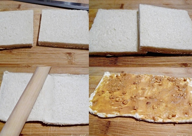cán dẹp cho 2 miếng bánh mì dính lại và phủ bơ đậu phộng
