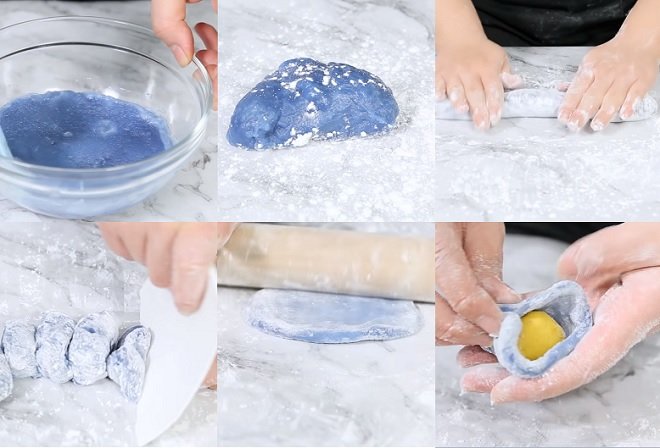 công đoạn cắt nhỏ khối bột vỏ bánh và cán dẹp để bọc nhân bánh