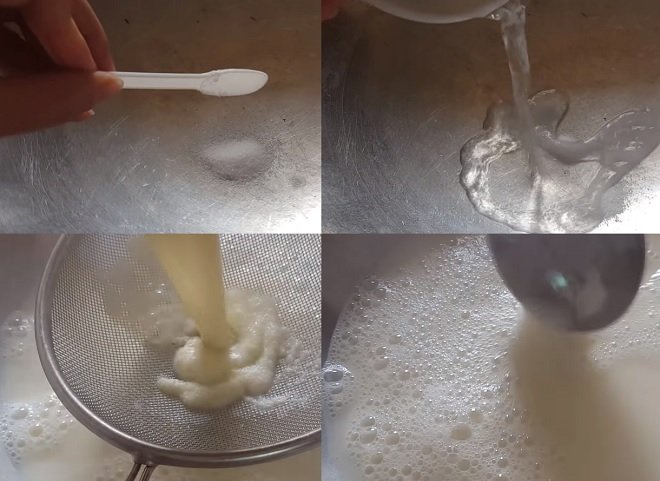 pha đường nho với nước rồi lọc sữa đậu nành qua rây và hớt bọt trước khi đông tào phớ