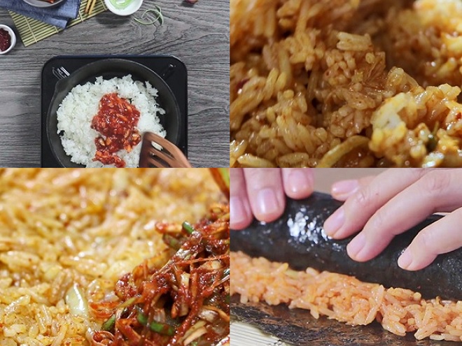 cách trộn cơm trắng với hỗn hợp sốt thịt và cuộn lại bằng lá rong biển làm món ăn vặt Hàn Quốc