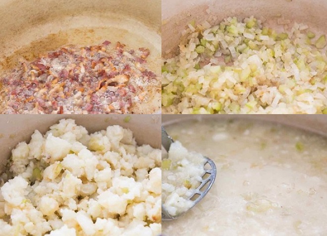 cách xào hỗn hợp thịt xông khói và đun khoai tây với nước dùng gà làm món ăn vặt lạ miệng