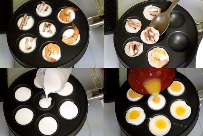 đổ bánh căn với nhân tôm mực và nhân trứng cút