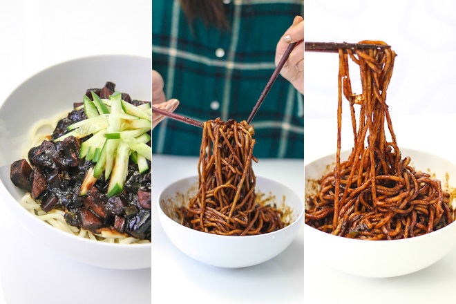 trộn mì Jajangmyeon khô với nước sốt đậu đen