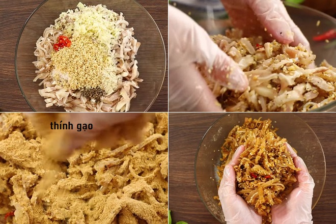 trộn nguyên liệu làm tré huế với gia vị và thính gạo