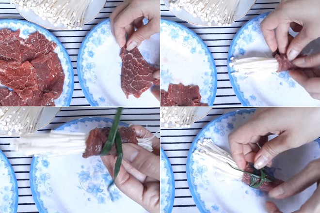 các bước cuộn nấm kim châm với thịt bò