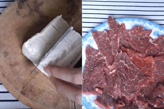 cắt đậu hũ khối vuông và thái mỏng thịt bò