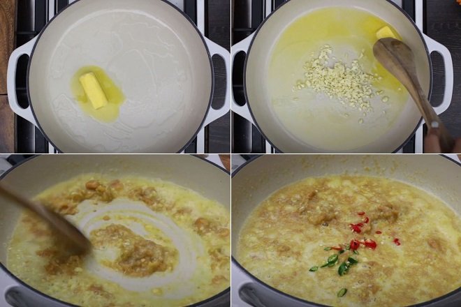 nấu xốt bơ trứng muối ớt cay
