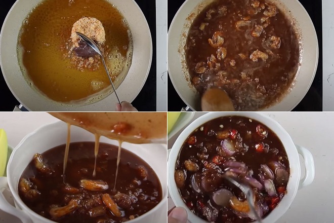 nấu nước mắm ruốc với tôm khô, đường thốt nốt kiểu Thái